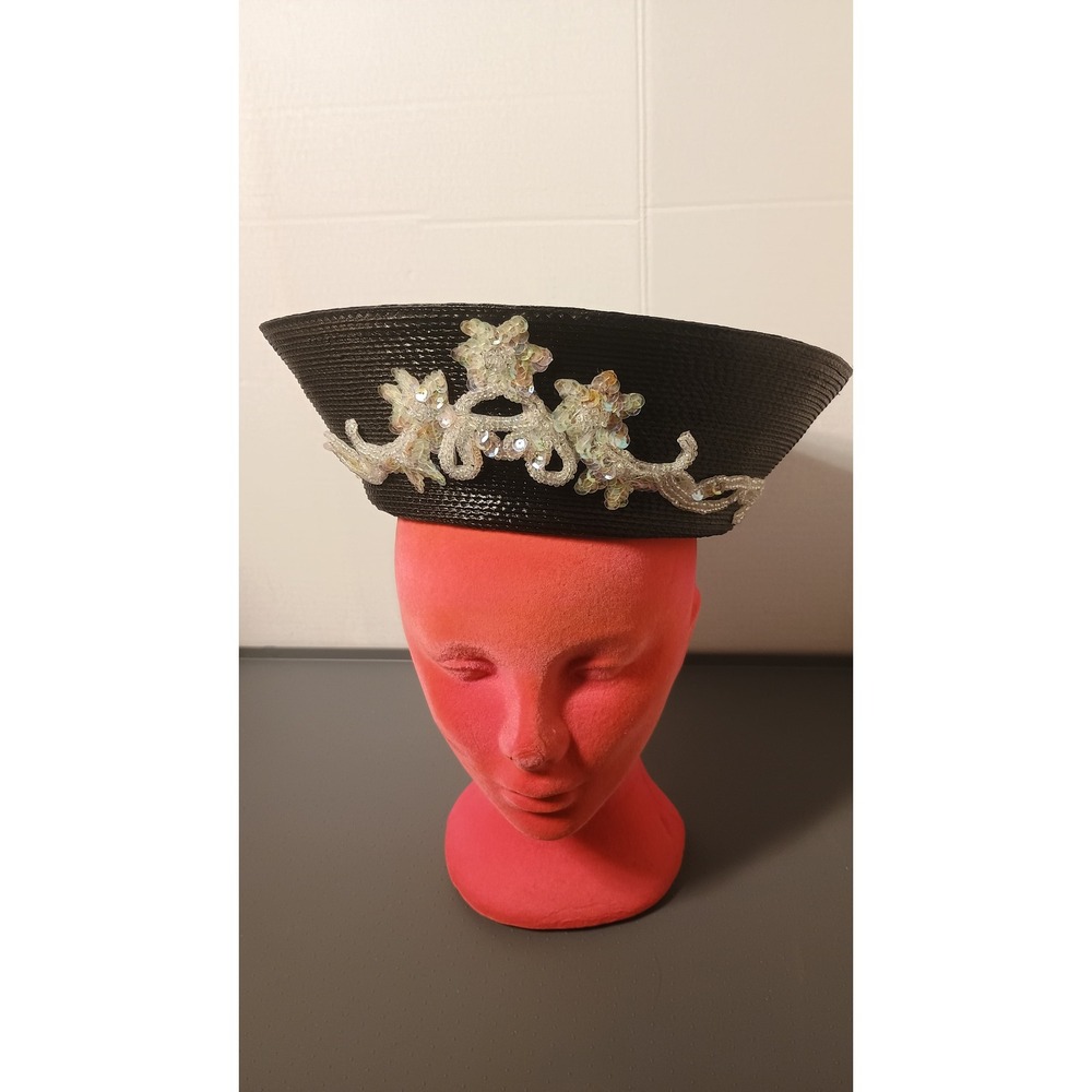 Mr John Signature Series Vintage Hat Womens OS Black Excellent Sequin Lace Straw